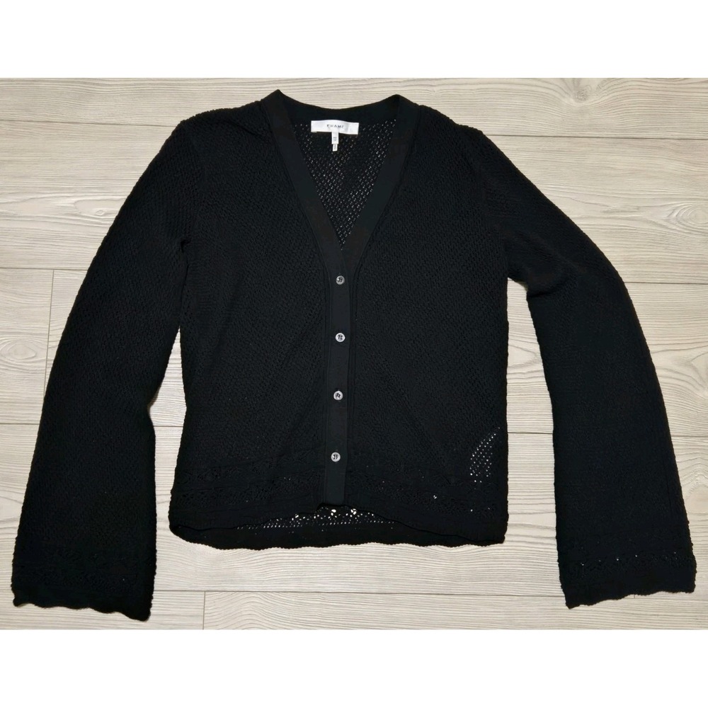 FRAME Cardigan Mesh Sweater Womens XS Black‎ Long Boho Sleeves Knit Button Up